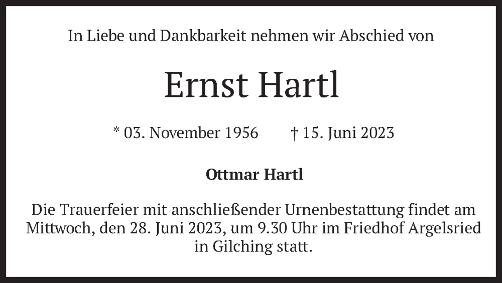  Traueranzeige für Ernst Hartl vom 24.06.2023 aus merkurtz