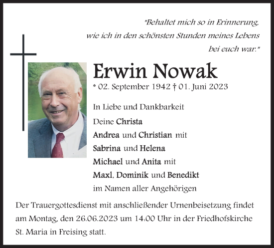 Traueranzeige von Erwin Nowak von merkurtz