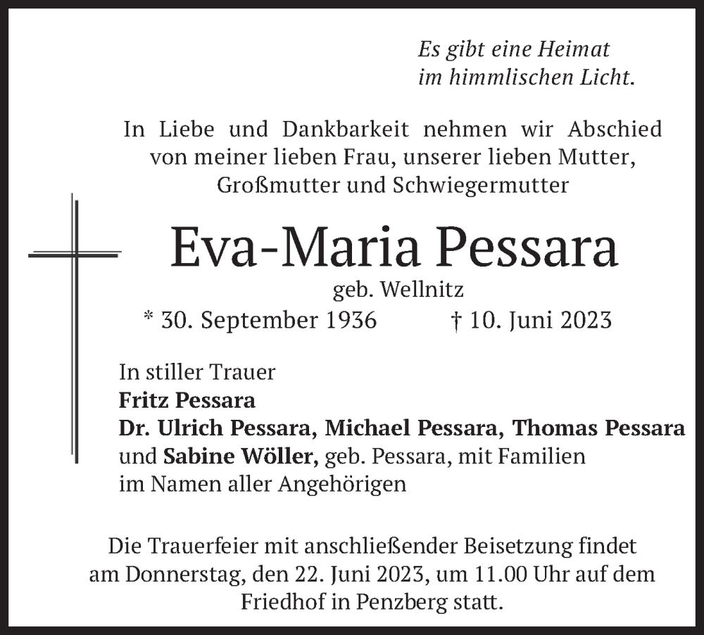  Traueranzeige für Eva-Maria Pessara vom 17.06.2023 aus merkurtz