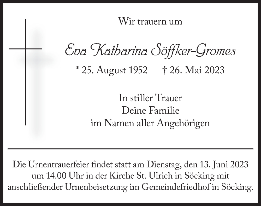  Traueranzeige für Eva Katharina Söffker-Gromes vom 03.06.2023 aus merkurtz