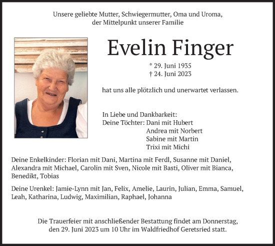 Traueranzeige von Evelin Finger von merkurtz
