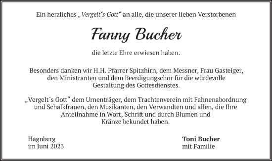 Traueranzeige von Fanny Bucher von merkurtz