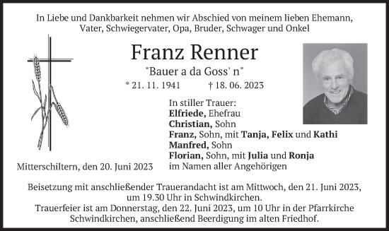 Traueranzeige von Franz Renner von merkurtz