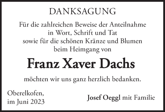 Traueranzeige von Franz Xaver Dachs