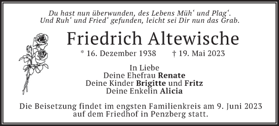 Traueranzeige von Friedrich Altewische von merkurtz