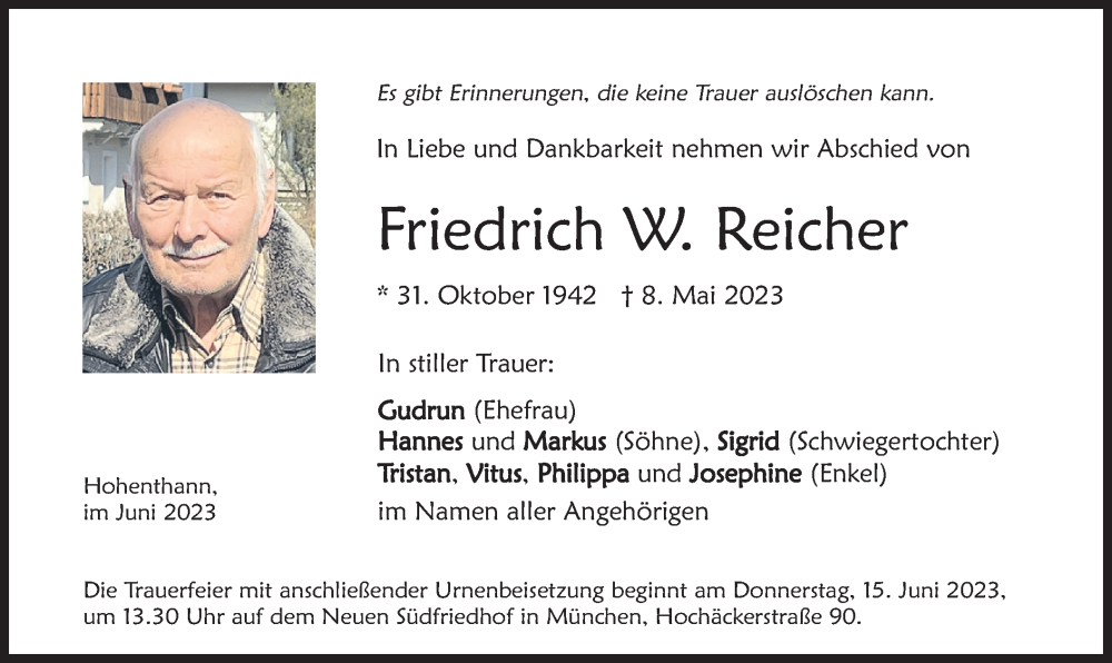  Traueranzeige für Friedrich Reicher vom 10.06.2023 aus merkurtz