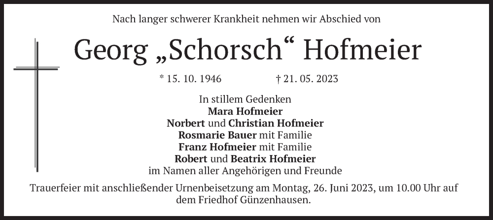  Traueranzeige für Georg Hofmeier vom 23.06.2023 aus merkurtz