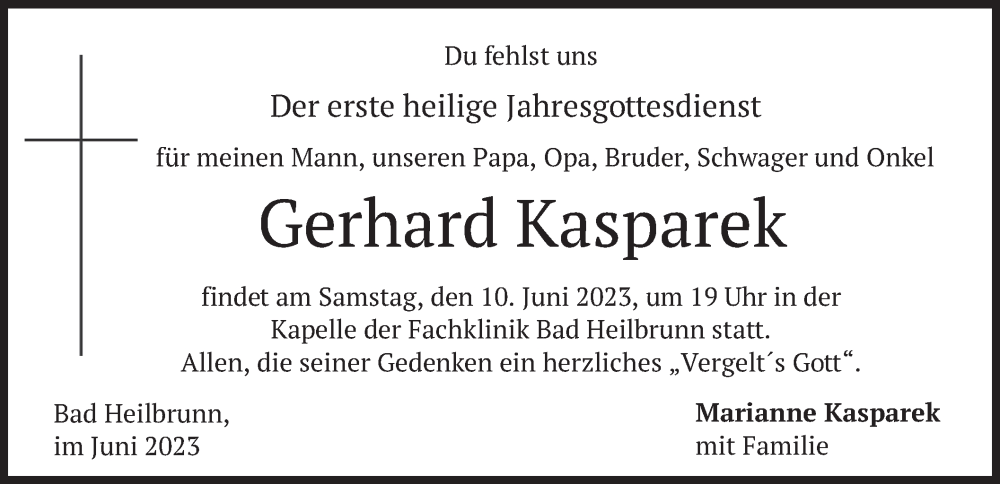  Traueranzeige für Gerhard Kasparek vom 07.06.2023 aus merkurtz