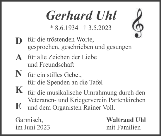 Traueranzeige von Gerhard Uhl von merkurtz