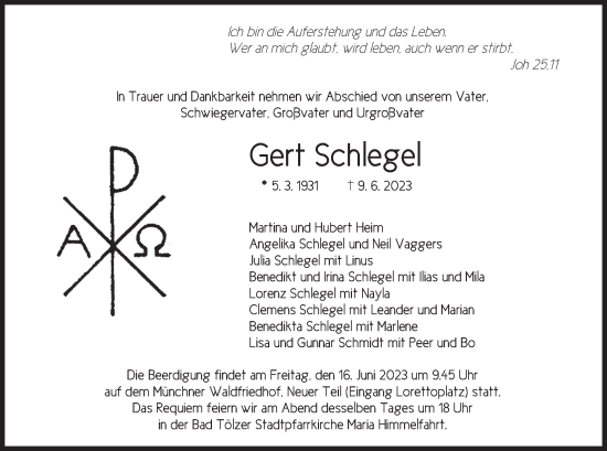 Traueranzeige von Gert Schlegel von merkurtz