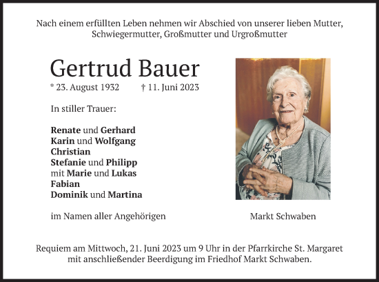 Traueranzeige von Gertrud Bauer von merkurtz