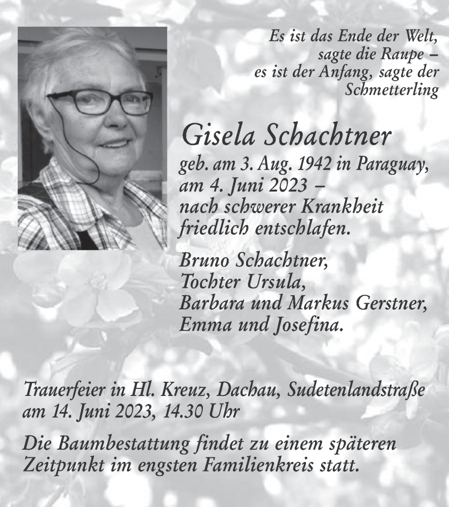  Traueranzeige für Gisela Schachtner vom 10.06.2023 aus merkurtz