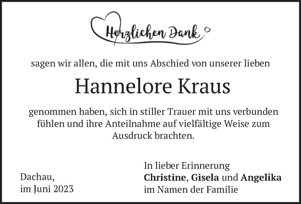  Traueranzeige für Hannelore Kraus vom 24.06.2023 aus merkurtz