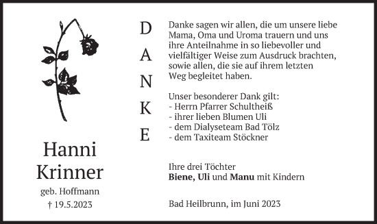 Traueranzeige von Hanni Krinner von merkurtz