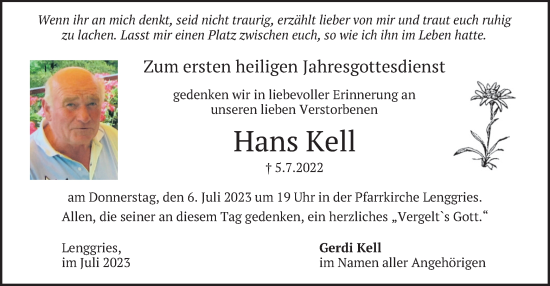 Traueranzeige von Hans Kell von merkurtz