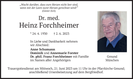 Traueranzeige von Heinz Forchheimer von merkurtz