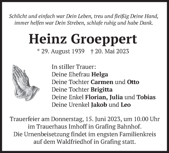 Traueranzeige von Heinz Groeppert von merkurtz