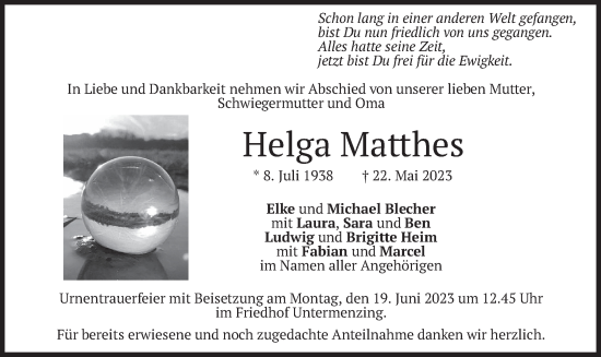 Traueranzeige von Helga Matthes von merkurtz