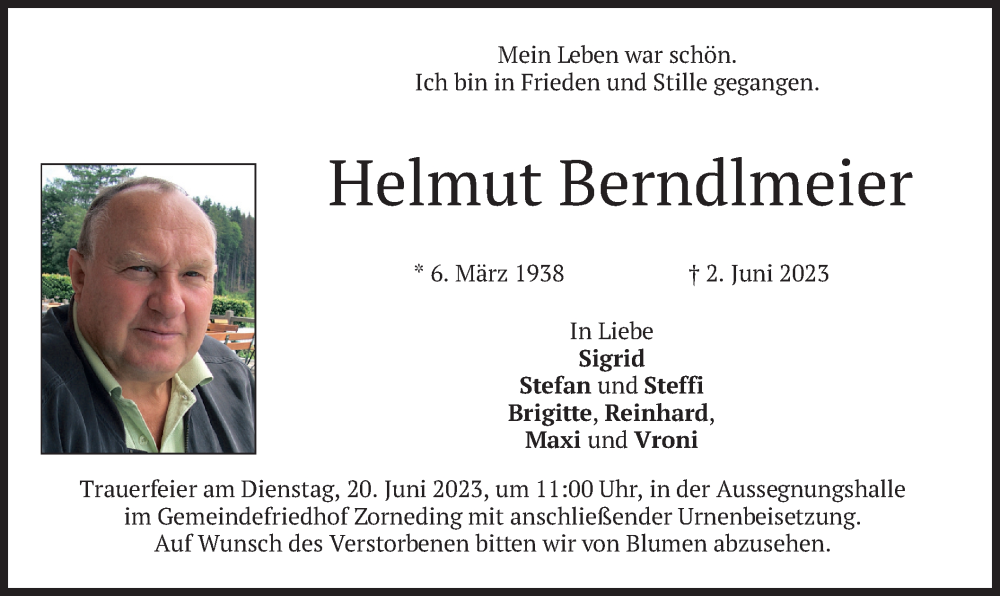  Traueranzeige für Helmut Berndlmeier vom 10.06.2023 aus merkurtz