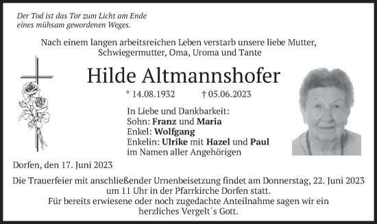 Traueranzeige von Hilde Altmannshofer von merkurtz