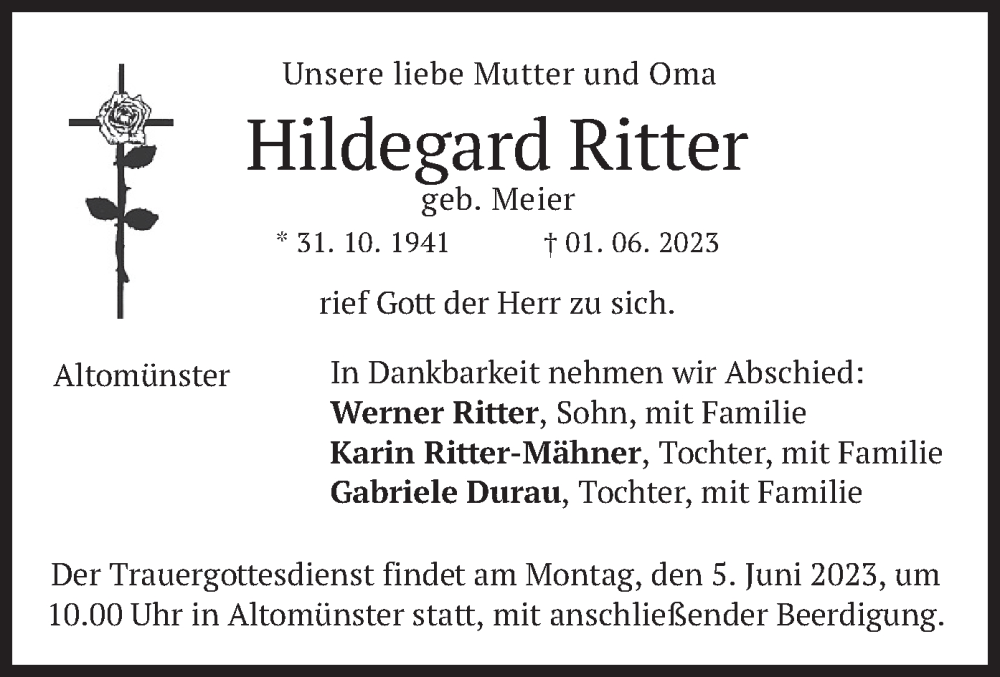 Traueranzeigen von Hildegard Ritter