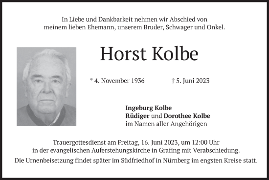 Traueranzeige von Horst Kolbe von merkurtz