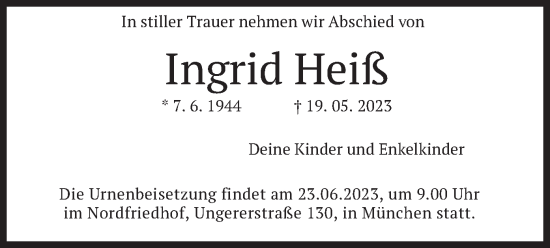 Traueranzeige von Ingrid Heiß von merkurtz