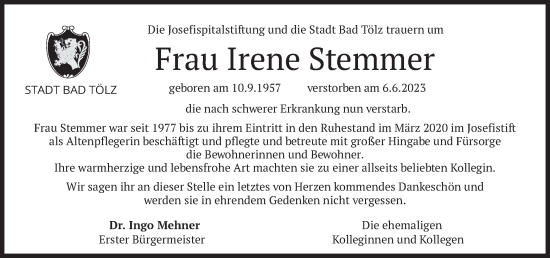 Traueranzeige von Irene Stemmer von merkurtz