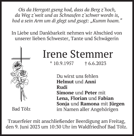 Traueranzeige von Irene Stemmer von merkurtz