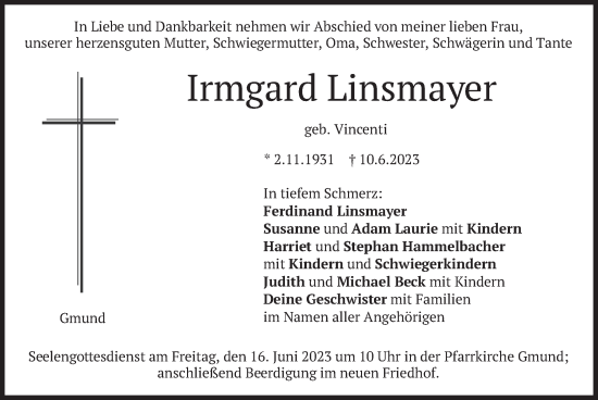 Traueranzeige von Irmgard Linsmayer von merkurtz