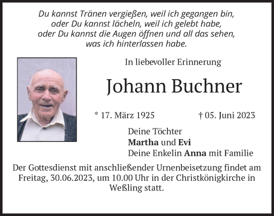 Traueranzeige von Johann Buchner von merkurtz