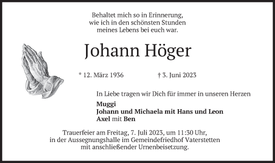 Traueranzeige von Johann Höger von merkurtz