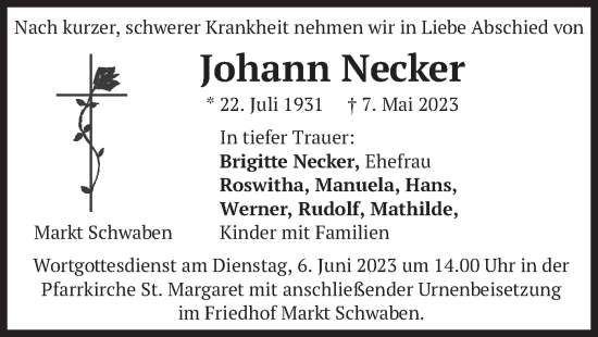 Traueranzeige von Johann Necker von merkurtz