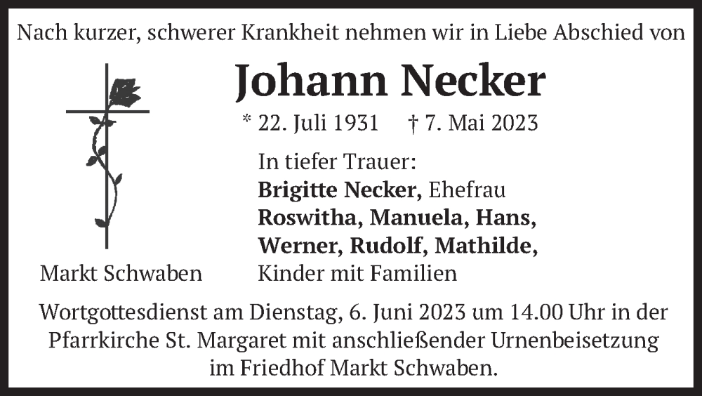 Traueranzeige für Johann Necker vom 02.06.2023 aus merkurtz