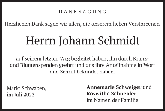 Traueranzeige von Johann Schmidt von merkurtz