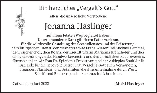 Traueranzeige von Johanna Haslinger von merkurtz