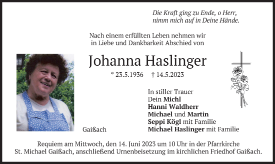Traueranzeige von Johanna Haslinger von merkurtz