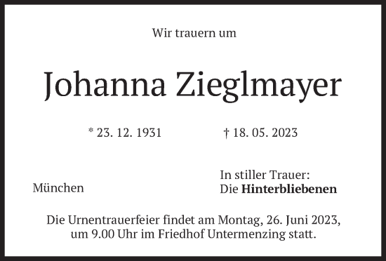Traueranzeige von Johanna Zieglmayer von merkurtz