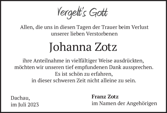 Traueranzeige von Johanna Zotz von merkurtz