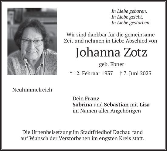 Traueranzeige von Johanna Zotz von merkurtz