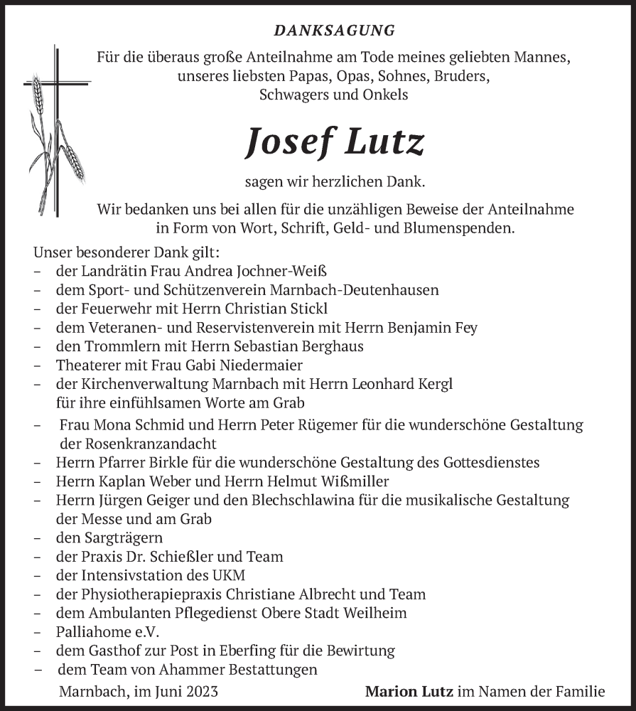  Traueranzeige für Josef Lutz vom 03.06.2023 aus merkurtz