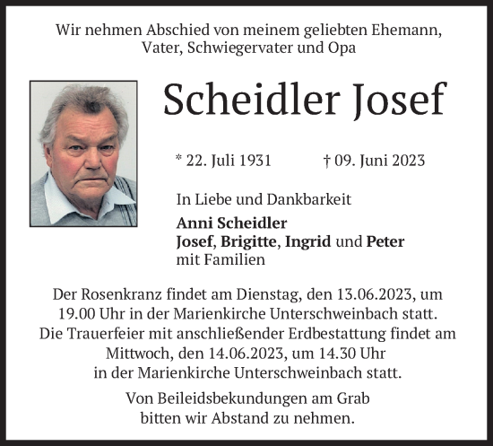 Traueranzeige von Josef Scheidler von merkurtz