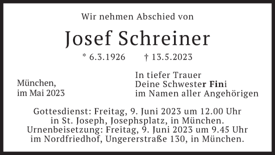 Traueranzeige von Josef Schreiner von merkurtz