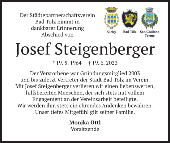 Traueranzeige von Josef Steigenberger von merkurtz