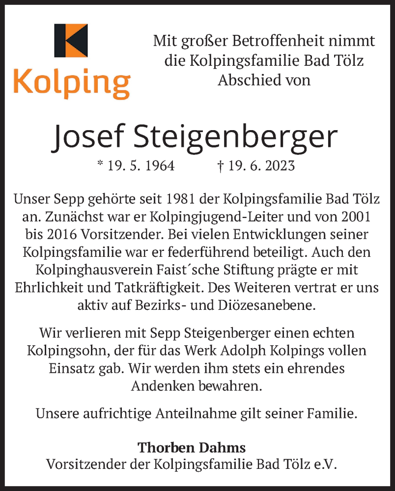  Traueranzeige für Josef Steigenberger vom 22.06.2023 aus merkurtz