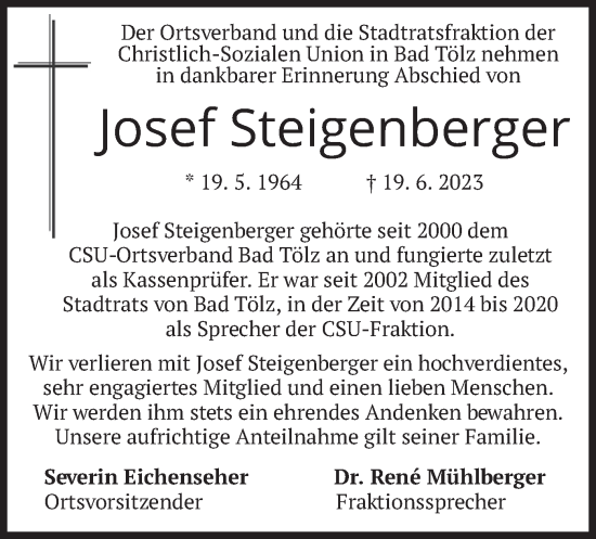 Traueranzeige von Josef Steigenberger von merkurtz