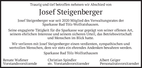 Traueranzeige von Josef Steigenberger von merkurtz