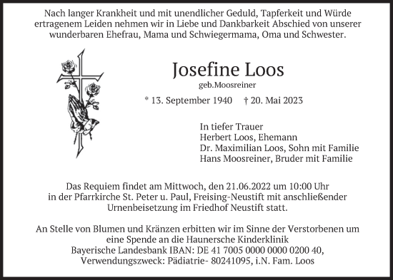 Traueranzeige von Josefine Loos von merkurtz