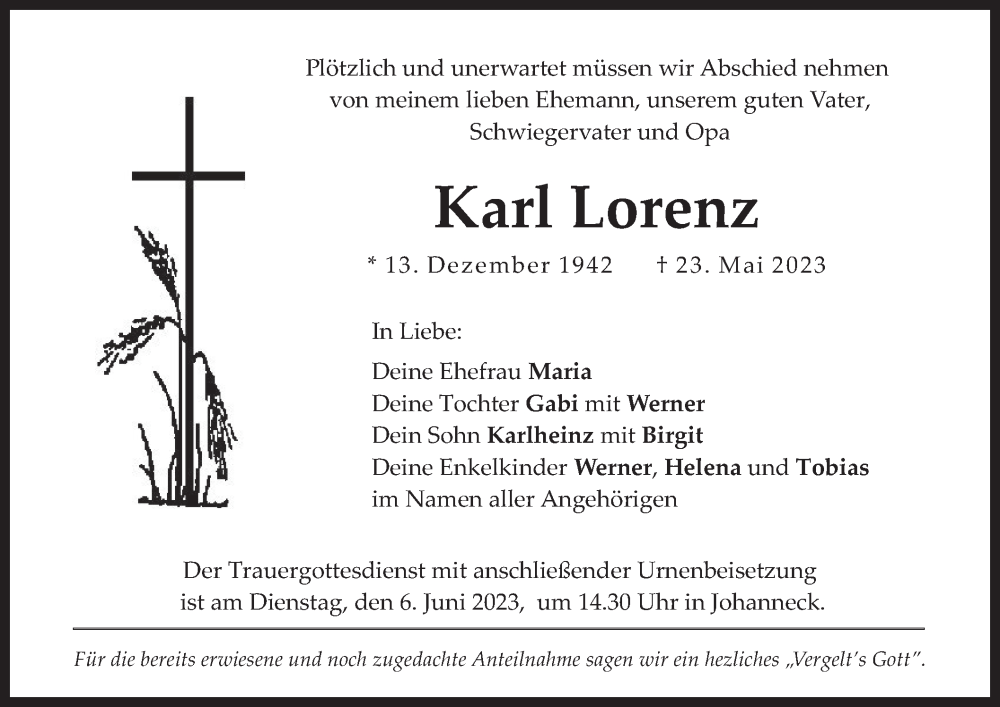  Traueranzeige für Karl Lorenz vom 03.06.2023 aus merkurtz