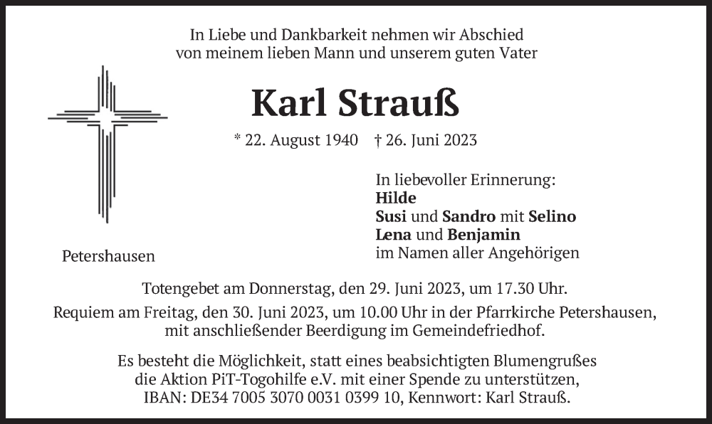  Traueranzeige für Karl Strauß vom 28.06.2023 aus merkurtz